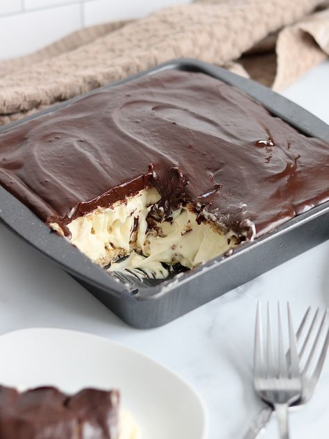 No-Bake Chocolate Eclair Cake - Sweet Girl Treats Eclair Cake With Chocolate Ganache, Eagles Desserts, No Bake Chocolate Eclair Cake, No Bake Chocolate Eclair, Chocolate Eclair Dessert, No Bake Eclair Cake, Eclairs Dessert, Refrigerated Desserts, Eclair Cake Recipes