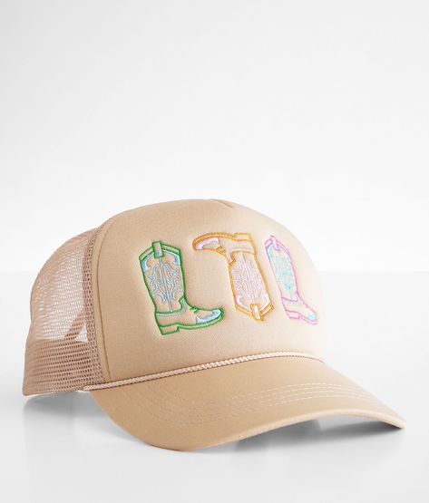 David & Young Cowboy Boots Trucker Hat - Women's Hats in Beige | Buckle Disco Cowgirl Accessories, Mom Trucker Hats, Embroidered Cowboy Hat, Embroidered Trucker Hat, Embroidered Trucker Hats, Women’s Trucker Hats, Cute Trucker Hats, Trucker Hat Women, Cowgirl Core