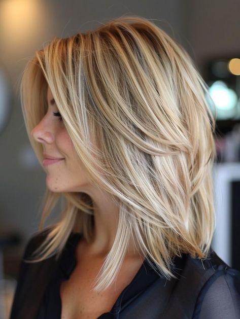 The Long Bob Haircut, Blonde Neck Length Hair, Shoulder Length Haircut With Long Bangs, Medium Length Layered Blonde Hair, Shoulder Length Haircut Blonde, Short Layered Bobs For Fine Hair, Medium Length Angled Bob, Long A Line Haircut, Longer Bob Haircut