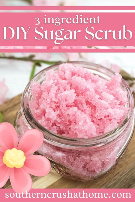 This DIY 3 ingredient sugar scrub recipe is perfect for exfoliating your skin and leaving it feeling soft and smooth. So skip the expensive store-bought sugar body scrub. #southerncrushathome #diysugarscrub #3ingredientsugarscrub Cranberry Sugar Scrub, Sugar Body Scrub Diy, Vanilla Scrub, Coffee Scrub Recipe, Sugar Scrub Homemade Recipe, Scrub Recipe Diy, Easy Sugar Scrub, Body Scrub Recipes, Cherry Theme