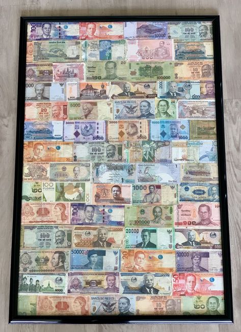 How To Display Money Collection, Travel Currency Display, Travel Mementos Display, Foreign Money Display, Travel Souvenirs Display, Travel Memories Display, Travel Collection Ideas, Coin Collection Display, Travel Room Decor