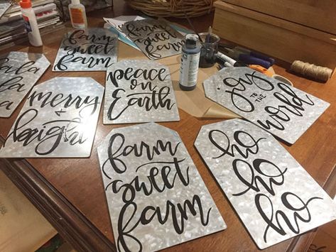 DIY Farmhouse Ornaments - Galvanized Metal Tags with Calligraphy - Farm Sweet Farm Dollar Tree Metal Tags Diy, Galvanized Sign Ideas, Metal Gift Tags, Diy Metal Signs Cricut, Galvanized Signs Diy, Dollar Tree Galvanized Sign Diy, Metal Tags Diy, Diy Metal Sign, Metal Christmas Signs Diy