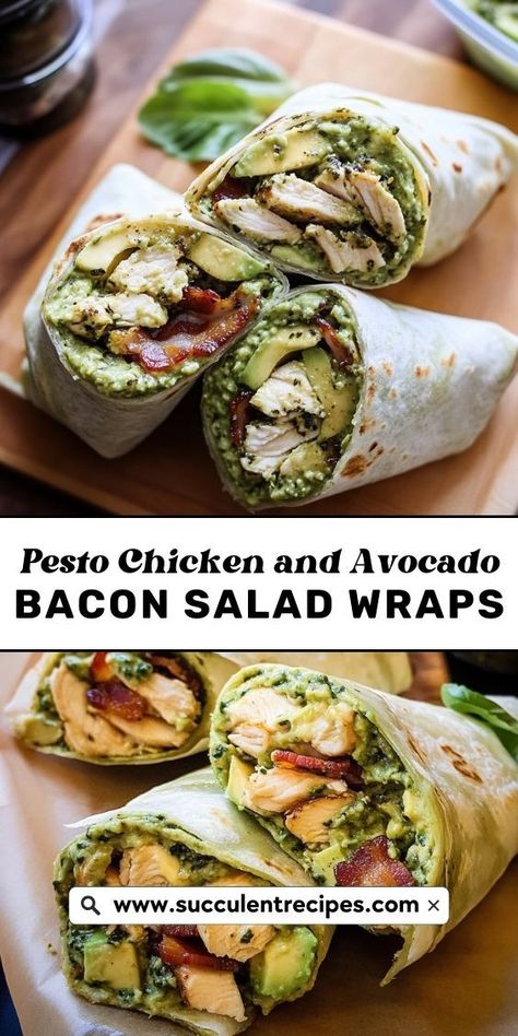 These Low-Carb Pesto Chicken and Avocado Bacon Wraps are the ultimate healthy option for a tasty and filling wrap that won't disappoint! Healthy Lunch Recipes Low Carb, Buffalo Bacon Chicken Wraps, Goat Cheese Wrap Lunches, Low Carb Chicken Lunch Ideas, Whole 30 Wraps, Pesto Chicken Salad Wrap, Healthy Chicken Ceasar Wrap, Wraps Recipes Healthy Lunch Ideas, Avocado Dinner Recipe