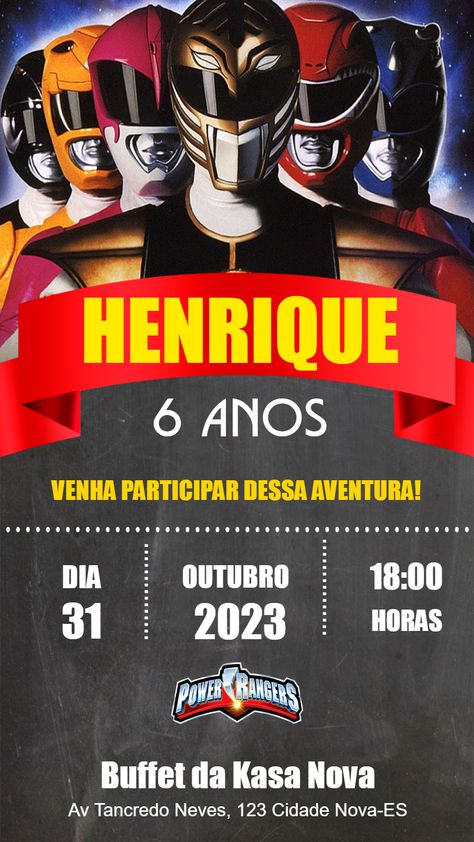 Design by FELICITY | Arte digital convite Aniversário POWER RANGERS para editar e baixar grátis com marca d'água Como fazer convite online Aniversário POWER RANGERS? 1) Escolha um dos muitos modelos disponíveis de convite online Aniversário POWER RANGERS para você editar. 2) Edite e personalize com muita facilidade seu convite online Aniversário POWER RANGERS usando nosso editor online. 3) Quando o seu convite online Aniversário POWER RANGERS estiver pronto clique em baixar e Power Rangers 1, Festa Power Rangers, Power Ranger Birthday Party, Power Ranger Birthday, Power Ranger, Power Rangers, Birthday Party Invitations, Online Design, Party Invitations