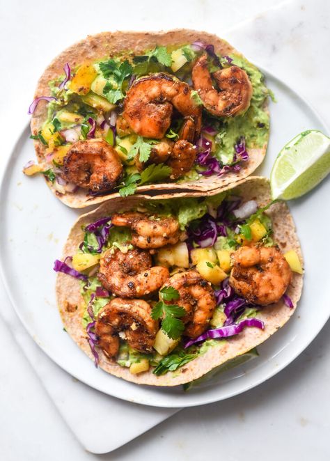 Marinated Grilled Shrimp, Grilled Shrimp Tacos, Mango Slaw, Spicy Shrimp Tacos, Shrimp Taco Recipes, Lime Shrimp, Healthy Shrimp, Spicy Shrimp, Avocado Salsa