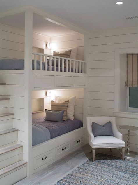 Built In Wall Bunk Beds...these are the BEST Bunk Bed Ideas! Built In Bunk Bed Twin Over Queen, Single Bunk Bed Ideas For Small Rooms, Bunk Beds In Small Room, Loaf Bed, Bunk Beds For Girls Room, Bunk Room Ideas, Bed For Girls Room, Adult Bunk Beds, Bunk Bed Rooms