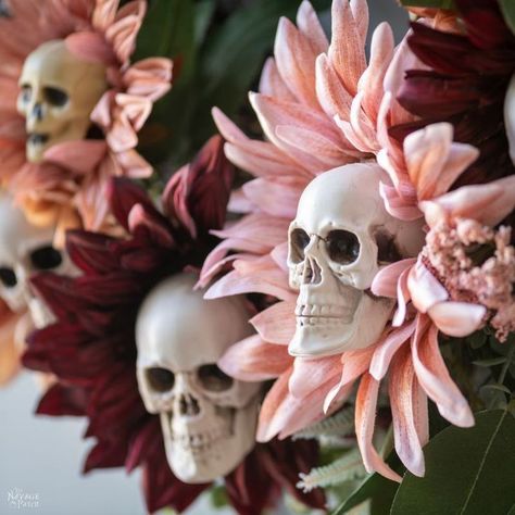 Sunflower Skulls Halloween, Skull Sunflowers Halloween, Halloween Decorations Flowers, Floral Halloween Wreath, Easy Halloween Wreaths Dollar Tree, Dollar Tree Halloween Wall Decor, Diy Wall Halloween Decorations, Diy Dollar Store Halloween Decor, Spooky Season Home Decor