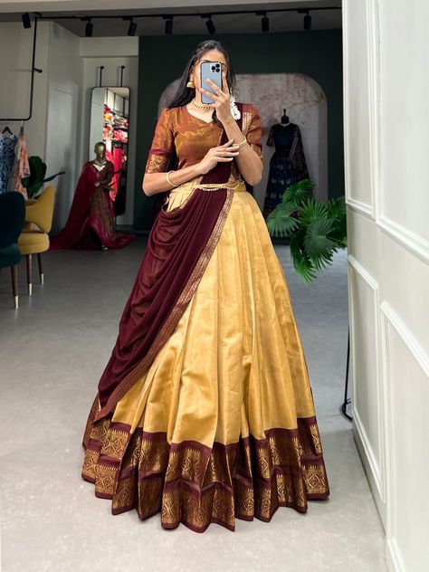 Kanchipuram Lehenga, South Indian Culture, Zip Stitching, Onam Outfits, Lehenga Saree Design, Simple Lehenga, Cotton Lehenga, Half Saree Lehenga, Trendy Outfits Indian