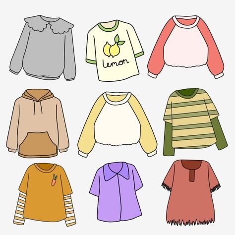 sweater,fashion element,clothes element,fashion,hand drawn clothes,shirt,sweater illustration,clothes illustration,cute clothes,blue clothes,green clothes,pink,green,blue,purple,yellow,brown,hand,cute,drawn,hand clipart,cute clipart,shirt clipart,drawn clipart,fashion clipart,blue clipart,sweater clipart,yellow clipart,green clipart,pink clipart,purple clipart Cartoon Style Clothes, Cartoon Shirts Drawing, Cloths Drawing Idea, Cartoon Clothes Ideas, Cartoon Shirt Drawing, Sweater Drawing Reference, Clothes Drawing Easy, Clothing Drawing Ideas, T Shirt Drawing Ideas