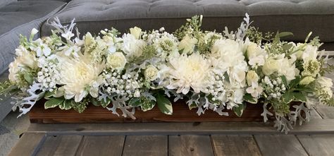 Green and white centerpiece Green And White Centerpiece, Dough Bowl Centerpiece, White Centerpiece, Bowl Centerpiece, Floral Centerpiece, Mantel Decor, Dough Bowl, Flower Decor, Floral Centerpieces