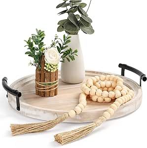 Round Wood Tray/w Wood Bead Garland - 13" Decorative Trays for Home Decor - Round Wooden Tray with Handles - Wooden Round Tray for Kitchen Counter. Round Coffee Table Tray, Round Wooden Tray, Round Wood Tray, Small Kitchen Island, Wooden Trays, Round Serving Tray, Wooden Bead Garland, Tray With Handles, Coffee Table Tray