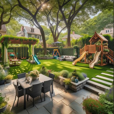 Prodigy Real Estate of NY... - Prodigy Real Estate of NY & NJ Luxury Playground Backyards, Home Playground Ideas, Playground At Home, Kids Outdoor Play Area, Home Playground, Backyard Playground Landscaping, Family Yard, Kids House Garden, Outdoor Kids Play Area