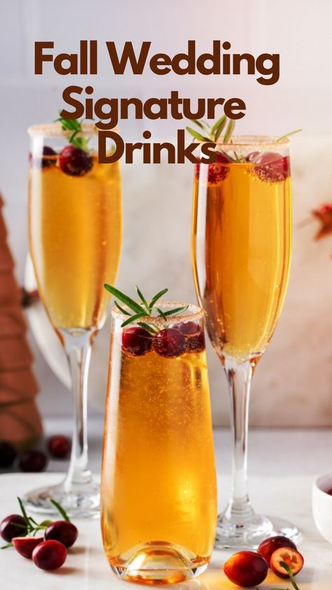 12 Fall Wedding Signature Drinks Signature Wedding Drinks Fall, Wedding Signature Drink Ideas, Fall Wedding Bar, Apple Cider Wedding, Wedding Shower Drinks, October Wedding Reception, Fall Signature Drinks, Fall Wedding Cocktails, Elegant Fall Wedding Ideas