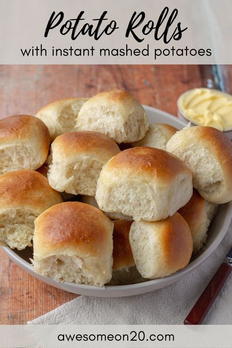 These Potato Rolls are made with instant mashed potatoes for a light and fluffy texture. Brushed with salted butter, they're absolutely delicious fresh out of the oven, but they also stay soft and pillowy for days. Can't stop won't stop. #potatorolls #dinnerrolls #breadrecipe Mashed Potato Rolls Recipe, Instant Mashed Potatoes Recipes, Potato Candy Recipe, Potato Bun Recipe, Potato Bread Recipe, Celebrating Yule, Potato Rolls Recipe, Flake Recipes, Potato Candy