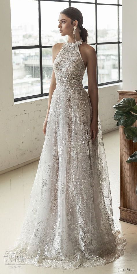 julie vino 2019 romanzo bridal sleeveless halter jewel neck full embellishment romantic a line wedding dress open back sweep train (4) mv -- Romanzo by Julie Vino 2019 Wedding Dresses #weddingdecorations #romanticweddings Rustic Wedding Decorations, Simple Wedding Gowns, Halter Wedding Dress, 2016 Wedding Dresses, Braut Make-up, A Wedding Dress, Beauty Dress, Diy Wedding Decorations, Jewel Neck