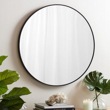 Black Rimmed Mirror, Large Wall Mirrors, Laundry Powder Room, Round Wooden Mirror, Cottage Bathrooms, Cheap Mirrors, Beveled Edge Mirror, Black Mirror Frame, Grey Scale