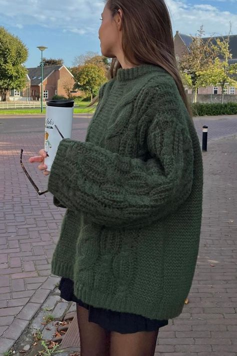 This is the long, trendy, and on budget knit sweater to have for a cozy and warm winter ✨ 🪐#Winteroutfits #Winterfashions2023 #knitsweater #inexpensive #Falloutfits Big Cozy Sweaters, Chunky Green Sweater, Big Sweaters Aesthetic, Baggy Jumper Aesthetic, Forest Green Aesthetic Outfit, Autumn Outfits Scandinavian, Big Sweater Outfit Aesthetic, Dark Green Knit Sweater Outfit, Cable Knit Sweater Dress Outfit