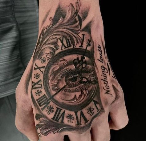 Eye in the center of clock Tattoo Designs Men In Hand, Elephant Hand Tattoo Men, Nothing Forever Tattoo Hand, Clock Tattoo Design For Men Hand, Back Of The Hand Tattoo Men, Right Hand Tattoo Men, Small Hand Tattoos For Guys Ideas, World In Your Hands Tattoo, Hand Clock Tattoo