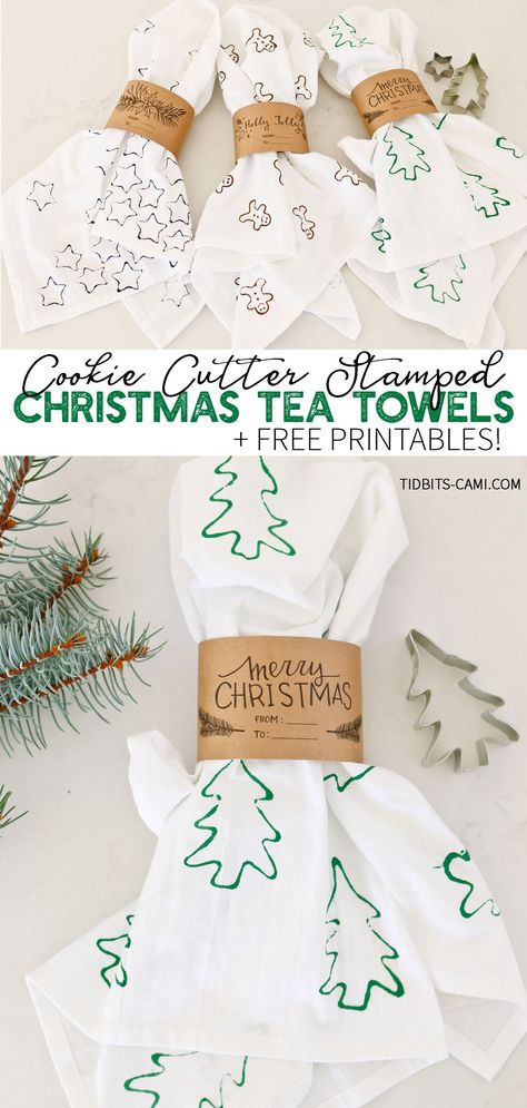 Darling Cookie Cutter Stamped Tea Towels the whole family can enjoy making for some fun DIY Holiday gifts. Free printable label wraps available. Video tutorial! #camitidbits #teatowels #christmasgift #christmasgifts #handmadeholidays #christmasteatowels Tea Towel Stamping Diy, Handprint Christmas Tea Towels, Christmas Diy Tea Towels, Christmas Oven Mitt Gift For Kids, Tea Ornaments Diy, Hand Painted Tea Towels Christmas, Kids Tea Towel Crafts, Flour Sack Towels Crafts For Kids, How To Wrap Tea Towels As A Gift