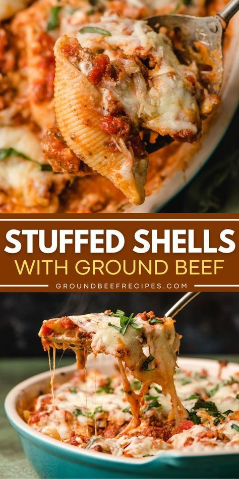 There's so much to love about these jumbo stuffed shells with ground beef! Complete with cottage cheese, these stuffed shells with meat are an extra delicious comfort food casserole. Plus, this pasta shell recipe is an easy comfort food dinner! Meatball Stuffed Jumbo Shells, Shells Stuffed With Meat, Casserole Supper Ideas, Stuffed Shells With Ground Beef No Ricotta, Ricotta Beef Stuffed Shells Gratin, Ground Beef Stuffed Shells Recipe, Easy Jumbo Shells Recipe, Stuffed Meat Shells, Recipes With Jumbo Shells