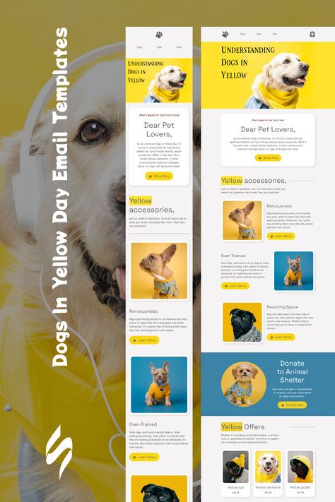 Dogs in Yellow Day email template "Understanding dogs in yellow" for pets industry.  Create eye-catching templates that leave a lasting impact.🌠🌟 Follow us on Pinterest for design and marketing hacks! 📈💌  #dogemail #stripoemail #emailtips #emailnewsletter #emailtemplate #emaildesign #emailmarketing #emaildesignlayout Email Marketing Design Newsletter Templates, Email Newsletter Template Design, Email Newsletter Inspiration, Email Marketing Template Design, Mailing Design, Newsletter Design Templates, Newsletter Inspiration, Marketing Hacks, Holiday Emails