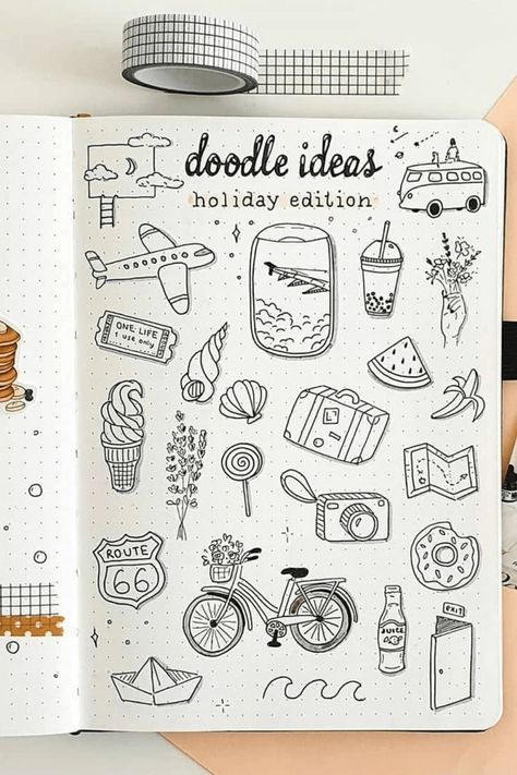 Bullet Journal Voyage, Travel Doodles, Travel Journal Scrapbook, Arte Doodle, Bullet Journal Ideas Templates, Creating A Bullet Journal, Bullet Journal Mood Tracker Ideas, Bullet Journal Paper, Bulletin Journal Ideas