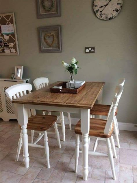 Small Farmhouse Table And Chairs, Small Farmhouse Kitchen Table, Pine Table Makeover, Rustic Table And Chairs, Farmhouse Table And Chairs, Pine Table And Chairs, Small Farmhouse Table, Farmhouse Dining Room Set, Make A Room Look Bigger