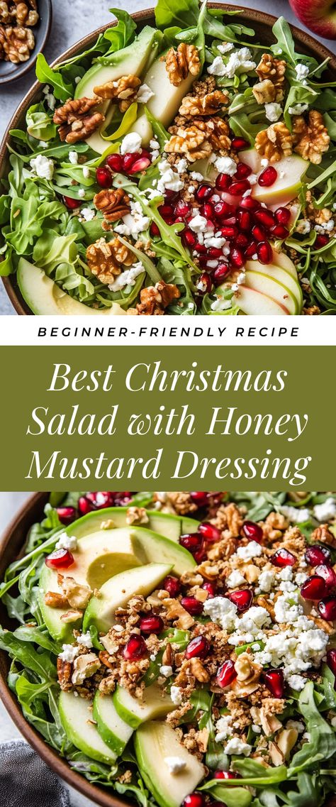 Image for Best Christmas Salad with Honey Mustard Dressing Christmas Eve Salad Ideas, Green Salad For Christmas Dinner, Christmas Salad Dressing, Christmas Brunch Salad, Christmas Dishes Ideas, Christmas Lettuce Salad, Festive Christmas Salad, Wreath Salad Christmas, Salad Christmas Dinner