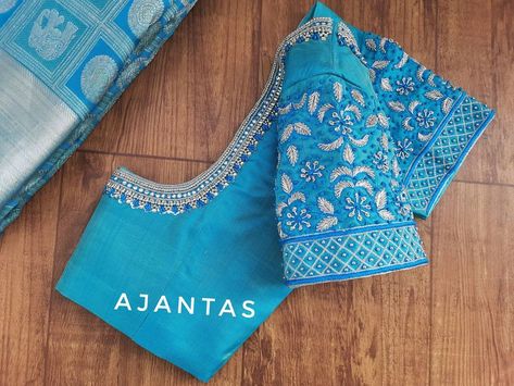 Blue Work Blouse, Readymade Blouses Online, Embroidered Blouses, Sleeveless Blouses, Raw Silk Blouse, Blouse Designs High Neck, Boat Neck Blouse Design, Light Blue Blouse, Pattu Saree Blouse Designs