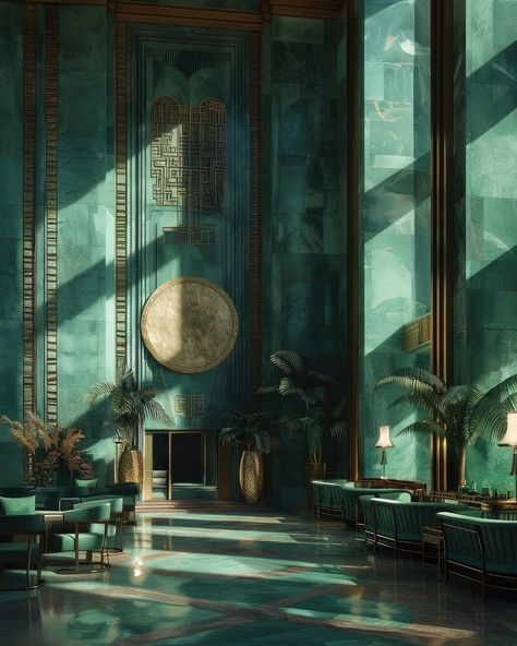 Art Deco Waiting Room, Art Deco Ballroom, Art Deco Office Interior, Art Deco Hotel Lobby, Contemporary Art Deco Interior, Green And Gold Art Deco, Art Deco Architecture Interior, Penthouse Exterior, Art Deco Mansion