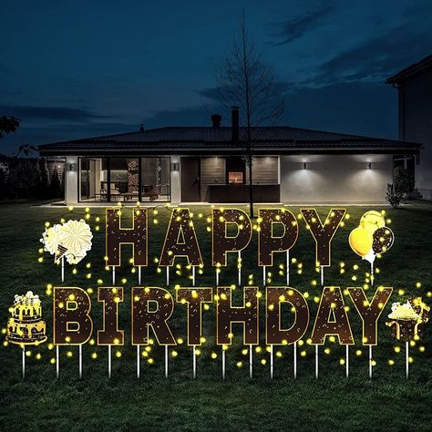 Birthday lawn sign with String Light Outdoor Birthday Decorations Happy Birthday Yard Supplies for Home Yard Lawn Garden Party, Black and Gold #CommissionEarned Outdoor Birthday Decorations, Happy Birthday Yard Signs, Home Garden Party, Beautiful Happy Birthday, Front Yard Decor, Black And Gold Balloons, Birthday Yard Signs, Outdoors Birthday Party, Outdoor Birthday