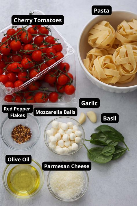 Spaghetti With Mozzarella Balls, Baked Cherry Tomatoes With Mozzarella, Mozarella Balls Recipe Cherry Tomatoes, Mozerella Pasta Recipes, Easy Pasta Recipes Cherry Tomatoes, Pasta Tomato Mozzarella, Tomato Mozzarella Basil Pasta, Pasta With Mozzarella Cheese Balls, Dishes With Mozzarella