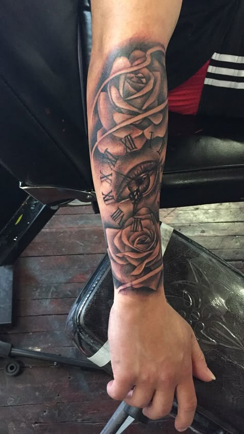 Forearm Tattoo Men Unique Design, Roses With Clock Tattoo Design, Remembrance Sleeve Tattoos, Mom Tattoo For Men Forearm, Forearm Sleeve Tattoo For Men Ideas, Men Tattoo Arm Sleeve Ideas, Men’s Half Sleeve, Men S Forearm Tattoo, Moms Name Tattoo Ideas Men