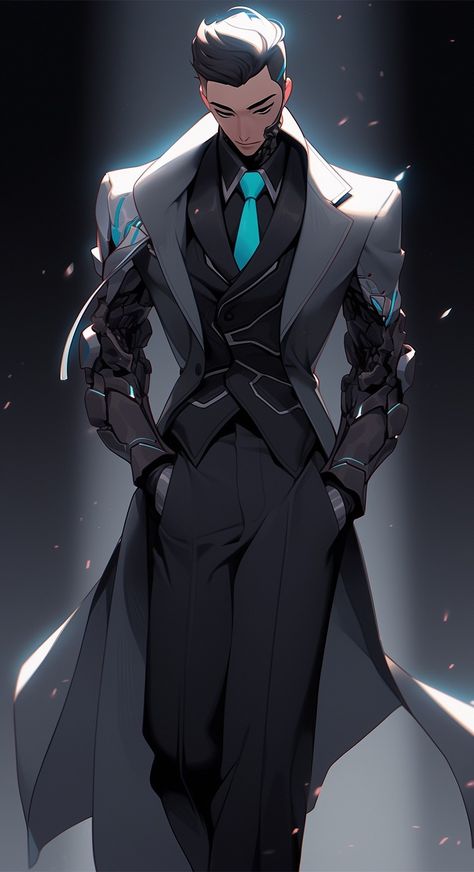 Character Design Male Futuristic, Android Art Male, Sci Fi Formal Suit, Sci Fi Business Suit, Starfinder Android Male, Anime Scifi Outfit, Space Captain Outfit, Ice Hero Costume Design Male, Cyberpunk Outfit Art Male