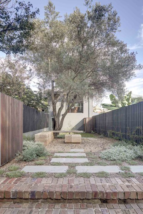 Hamptons Landscaping, Landscape Terrace, Concrete Cottage, Minimal Cottage, Texas Mountain Laurel, Tamarind Tree, Texas Sage, Agave Americana, Metal Garden Furniture