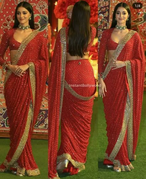 Ananya pandey Red Saree Wedding, Reception Saree, Ananya Pandey, Indian Sari Dress, Saree Wearing Styles, Lehenga Designs Simple, Saree Draping, Fancy Sarees Party Wear, Saree Designs Party Wear