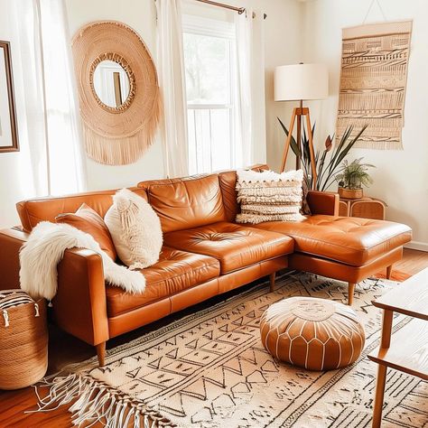 60  Living Room Ideas Featuring a Cognac Couch - HearthandPetals Orange Brown Couch Living Room Ideas, Orange Leather Sofa Living Room Ideas, Rust Leather Couch Living Rooms, Pillows For Cognac Leather Couch, Copper Couch Living Room Ideas, Styling A Leather Couch, Caramel Couch Living Room Ideas, Living Room Designs With Leather Couch, Tan Sofa Living Room Ideas Decor