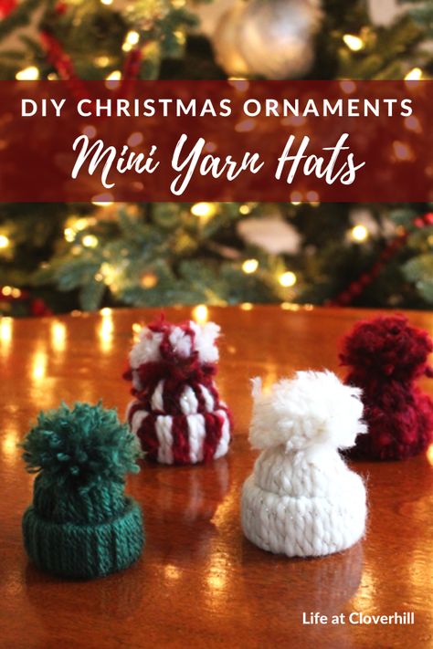 Mini Yarn Hat Christmas Ornaments - Life at Cloverhill Mini Winter Hat Tree Ornament, How To Make Mini Yarn Hats, Tiny Knit Hat Ornament, Snowman Hat Ornaments Diy, Mini Yarn Hat Gnomes, Mini Beanie Hats, Christmas Yarn Hat Ornaments, Mini Winter Hats Diy, Yarn Toque Ornament