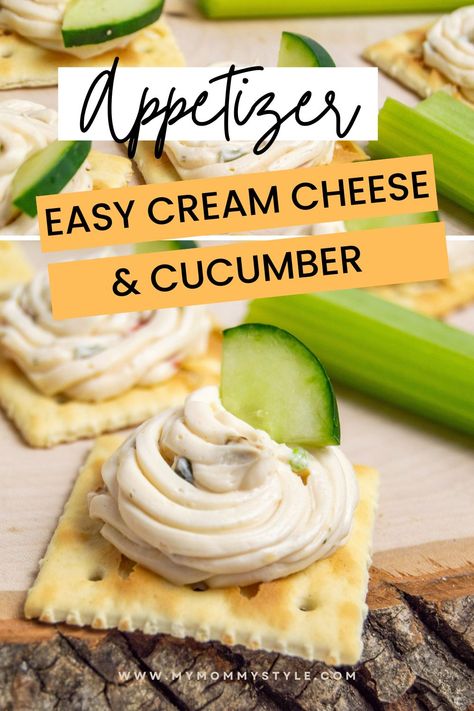 "Looking for a quick and easy appetizer that's sure to impress your guests? Try this Cream Cheese and Cucumber Appetizer! Made with just a few simple ingredients, including cream cheese, vegetable soup mix, and Saltine crackers, this appetizer is perfect for any occasion, from a Mother's Day brunch to a Christmas party. Plus, the optional cucumber garnish adds a fresh and colorful touch. Whip up this delicious appetizer in no time and enjoy the compliments! #mothersdaybrunch #mothersday via @mymommystyle Cucumber Pinwheels Cream Cheeses, Cheese Vegetable Soup, Cucumber Cream Cheese Appetizers, Cucumber Bites With Herbs Cream Cheese And Cherry Tomato, Cucumber Bites With Herb Cream Cheese, Cream Cheese And Cucumber, Cucumber Garnish, Quick Party Snacks, Cracker Bites