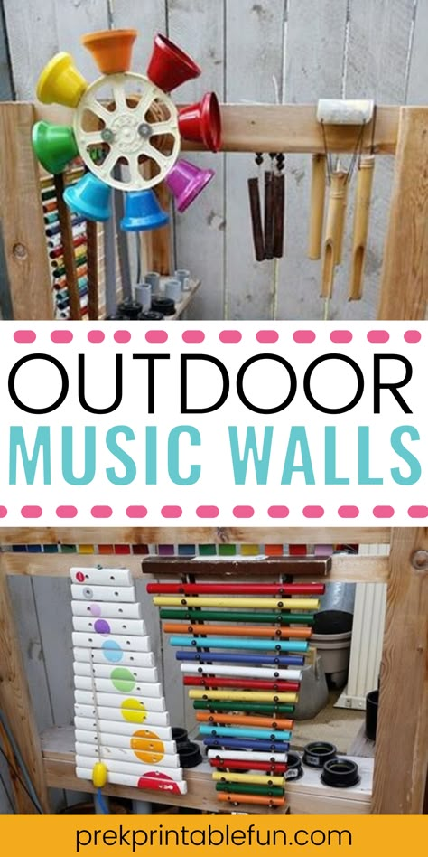 One of the fun ways to integrate music in your outdoor space is by building an outdoor music wall. Music walls can be as simple or as complex as you choose. Outdoor Sensory Wall Fence, Garden Music Wall, Music Wall Kindergarten, Sensory Music Wall, Diy Music Wall Outdoor, Outside Music Wall, Outdoor Sound Wall, Music Garden Outdoor, Pre K Playground Ideas