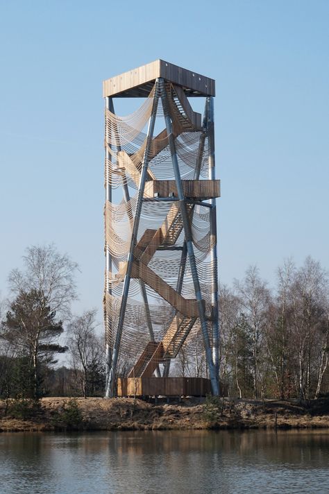 observation tower by ateliereen architecten overlooks pine nature reserve in belgium Viewing Tower, Sp Studio, Landscape Structure, Lookout Tower, Tower Design, Structure Architecture, Watch Tower, Water Tower, Facade Design