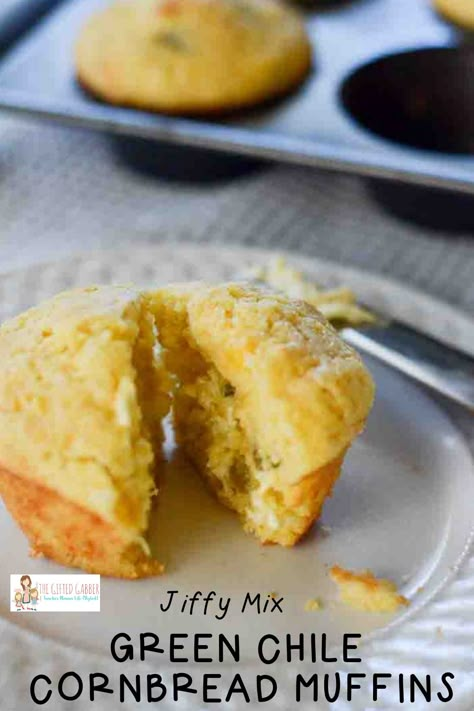 These easy Jiffy cornbread muffins are sweet and moist thanks to creamed corn but have a touch of spice thanks to green chiles.  Making these muffins with creamed corn and extra touches like cheddar cheese make them seem homemade - even though the base starts with Jiffy corn muffin mix.  They are the best muffins for chili and for soup. Also, they freeze well for later! #cornbread #muffins Creamed Corn Muffins, Mexican Corn Pudding, Best Jiffy Cornbread Recipe, Jiffy Cornbread Muffins, Moist Jiffy Cornbread, Corn Muffin Mix Recipes, Cornbread Muffins Jiffy, Green Chili Cornbread, Green Chile Cornbread