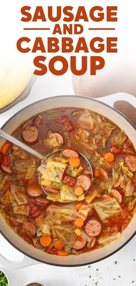 Sausage and Cabbage Soup Polish Sausage And Cabbage Soup, Crockpot Cabbage And Sausage Soup, Cabbage And Kielbasa Soup Instant Pot, Cabbage Tortellini Soup, Smoked Sausage Cabbage Soup, Sausage Cabbage Soup Recipes, Cabbage Sausage Potatoes Soup, Soup With Shredded Cabbage, Beef Sausage Soup