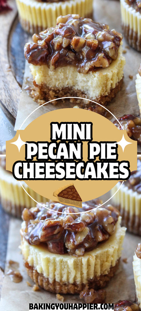 Mini Pecan Pie Cheesecakes, these decadent little cheesecakes are topped with a rich and delicious gooey, crunchy pecan pie topping! Recipe For Mini Cheesecakes, Cheesecake Recipes Individual, No Bake Pecan Pie Cheesecake Bars, Pecan Pie Cheesecake Bites, Pecan Pie Cheesecake Recipe No Bake, Mini Thanksgiving Cheesecakes, Mini Pie Recipe, Pecan Pie Topping, Pecan Pie Topping For Cheesecake