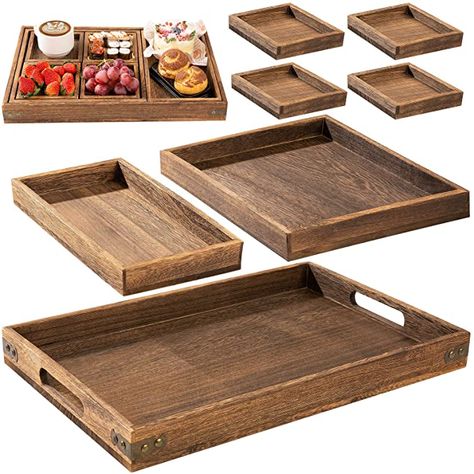 Amazon.com: Rustic Wooden Serving Trays with Handle - Set of 7 - Large, Medium, Small and Mini - Nesting Multipurpose Trays - for Breakfast, Coffee Table/Butler & More - Light & Sturdy Paulownia Wood : Home & Kitchen Kitchenware Ideas, Drinks Breakfast, Bamboo Utensils, Wooden Serving Boards, Kitchen Aesthetics, Christmas Coffee Bar, Wooden Trays, Sustainable Kitchen, Breakfast Coffee