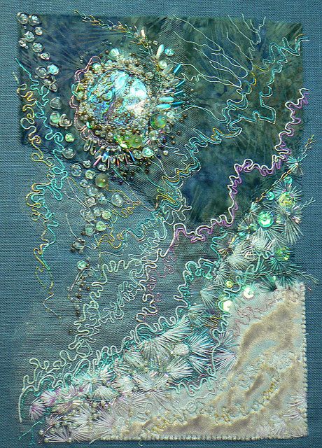 Float | Flickr - Photo Sharing! By Carol Walker Her sister Lee Ann is also textile artist. Carol Walker Textiles, Ice Embroidery, Bubble Embroidery, Carol Walker, Fabric Collage Art, Painting With Fabric, Collage Embroidery, Shell Embroidery, Bubble Fabric