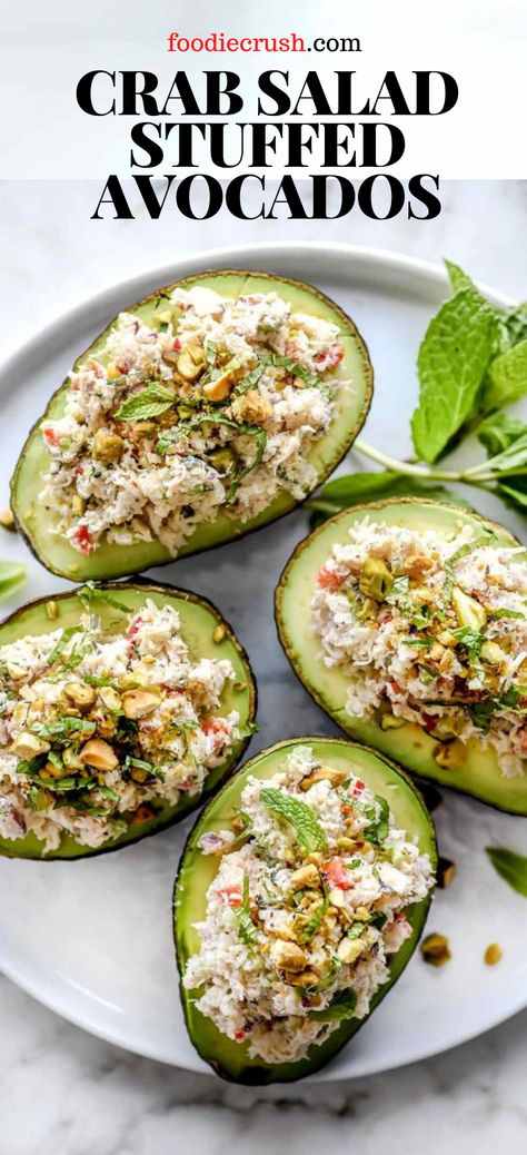 Avocado Crab Salad Recipe, Crab Guacamole Recipe, Crab Stuffed Avacodo, Crab Avocado Toast, Crab Stuffed Avocado Recipes, Crab Healthy Recipes, Vegan Crab Salad, Crab And Avocado Salad, Crab And Avocado Recipes