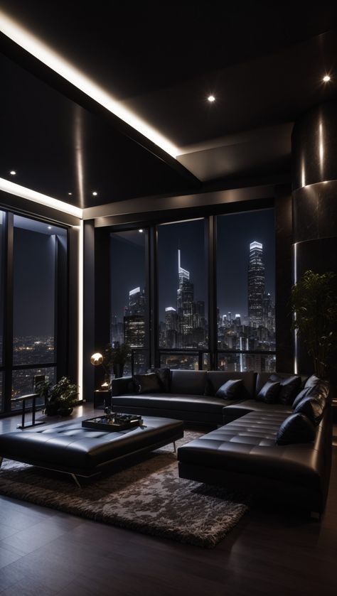 Dark luxury house in a city Black Luxury House, Apartamento New York, Dark Modern House, Penthouse Interior, Penthouse Design, Modern Penthouse, Penthouse Living, Dark Modern, Dark Living Rooms