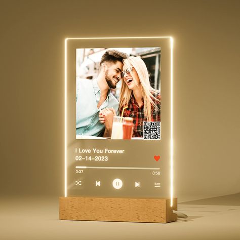 PRICES MAY VARY. ❤️Customised Song Plaque - Simply select your favourite song, matching artist, album and cover, or your own image and finally, upload the song link, then we will generate your unique song QR code for you. ❤️Custom Night Light - The personalized music plaque with four wooden based material you can choose. Simply place the personalised glass song on the base. The customized album cover will glow warmly and use the personalized glass art as a night light. ❤️The perfect gift - There Spotify Plaque, Bday Gift For Boyfriend, Song Plaque, Birthday Gifts For Men, Personalized Photo Frames, Bf Gifts, Cadeau Photo, Personalized Acrylic