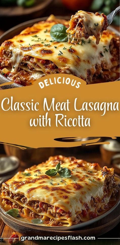 This classic lasagna with rich meat sauce, creamy ricotta, and melted mozzarella is the perfect meal after a long day! It's a comforting, hearty dish that your family will love. Perfect for meal prep and leftovers Meat Lasagna Recipe With Ricotta, Lasagna With Meat Sauce, Recipe With Ricotta, Leftover Lasagna, Lasagna With Ricotta, Lasagna Recipe With Ricotta, Classic Lasagna Recipe, Giada Recipes, Best Lasagna Recipe